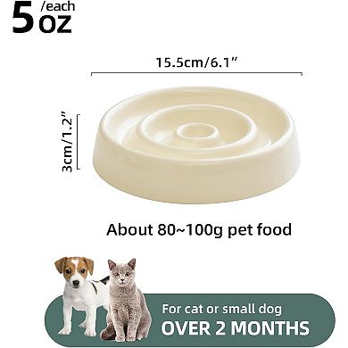 Ceramic Slow Feeder for Cats, Slow Food Bowl, Circle Shape (Bowl x 2 - Cream, 6inch)