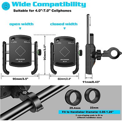 Motorcycle Phone Mount USB Charger Handlebar/Rear-View Mirror Cellphone Holder Aluminum