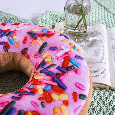 Round Throw Pillow 14 Inch Pink Donut, 3D Digital Print Decorative Funny Food Shaped Pillow