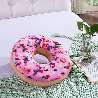 Round Throw Pillow 14 Inch Pink Donut, 3D Digital Print Decorative Funny Food Shaped Pillow