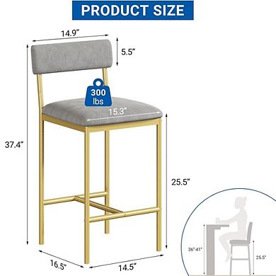 Farmhouse Bar Stool Set of Two with Upholstered Back and Metal Frame
