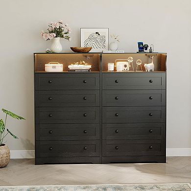 Modern Nightstand with LED Lights & Charging Station, 5-Drawer Wooden Dresser