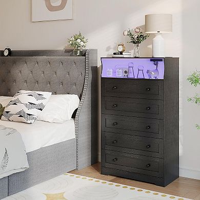 Modern Nightstand with LED Lights & Charging Station, 5-Drawer Wooden Dresser