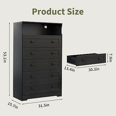 Modern Nightstand with LED Lights & Charging Station, 5-Drawer Wooden Dresser