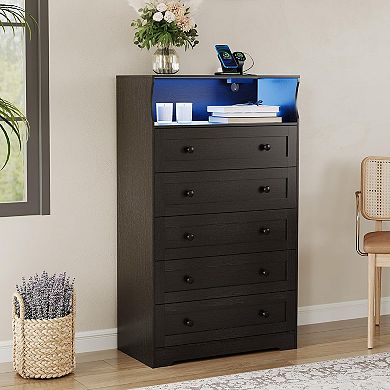 Modern Nightstand with LED Lights & Charging Station, 5-Drawer Wooden Dresser