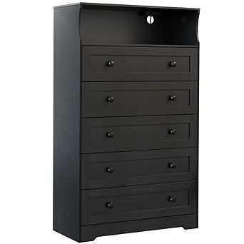 Modern Nightstand with LED Lights & Charging Station, 5-Drawer Wooden Dresser