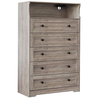 Modern Nightstand with LED Lights & Charging Station, 5-Drawer Wooden Dresser