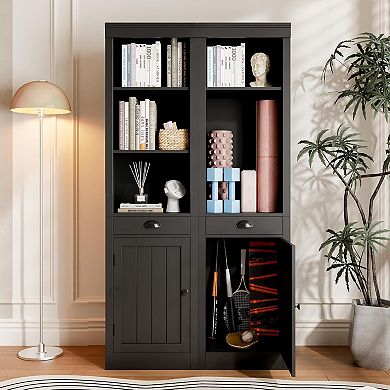 Narrow Bookcase with Door, 3-Tier Shelf with Drawer & Adjustable Shelves