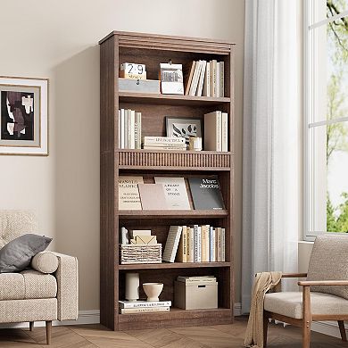 Farmhouse Bookcase with Display Rack & Fluted Design, 5-Tier Tall Bookshelf