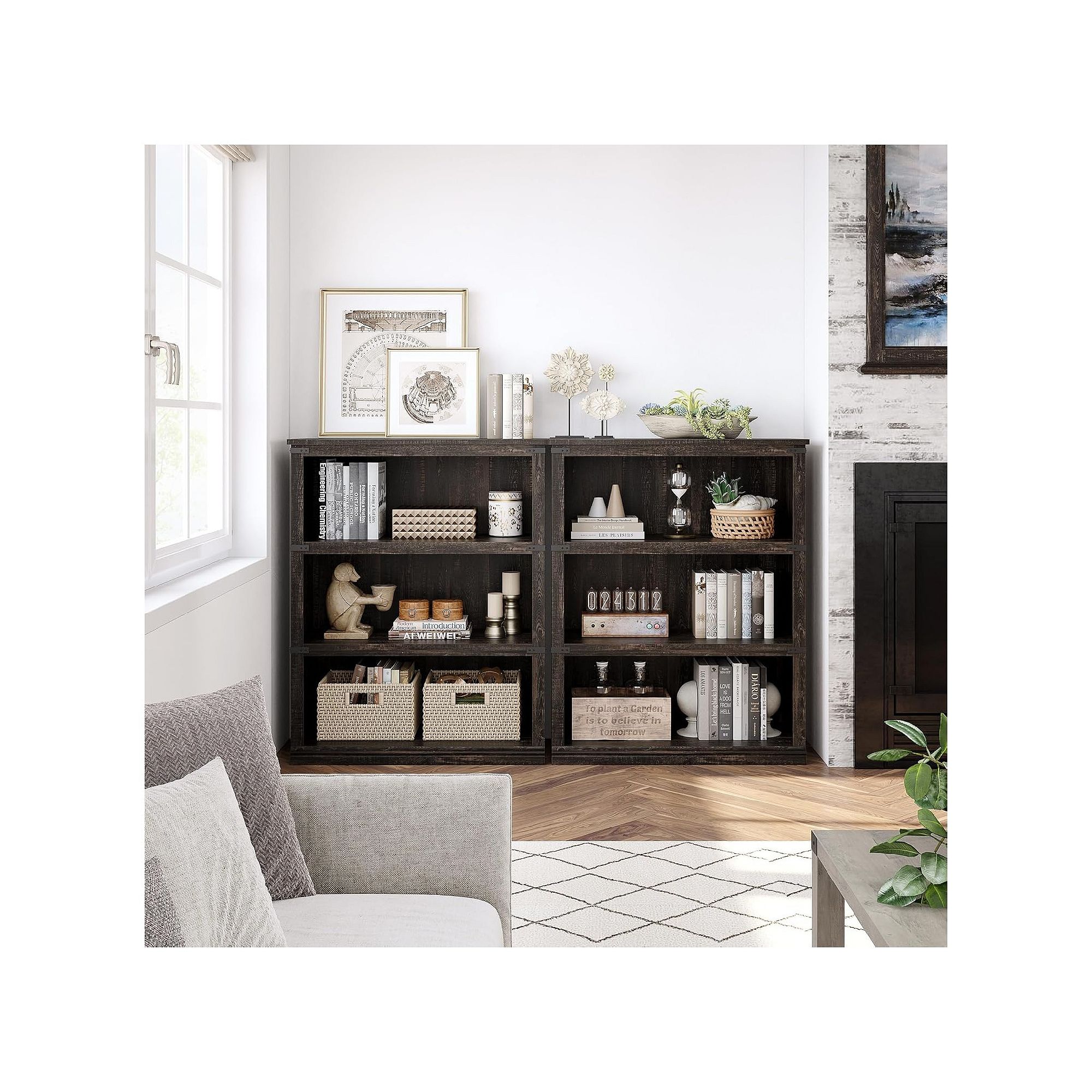 Dark farmhouse 3-tier bookcase with multiple open compartments for books and decor