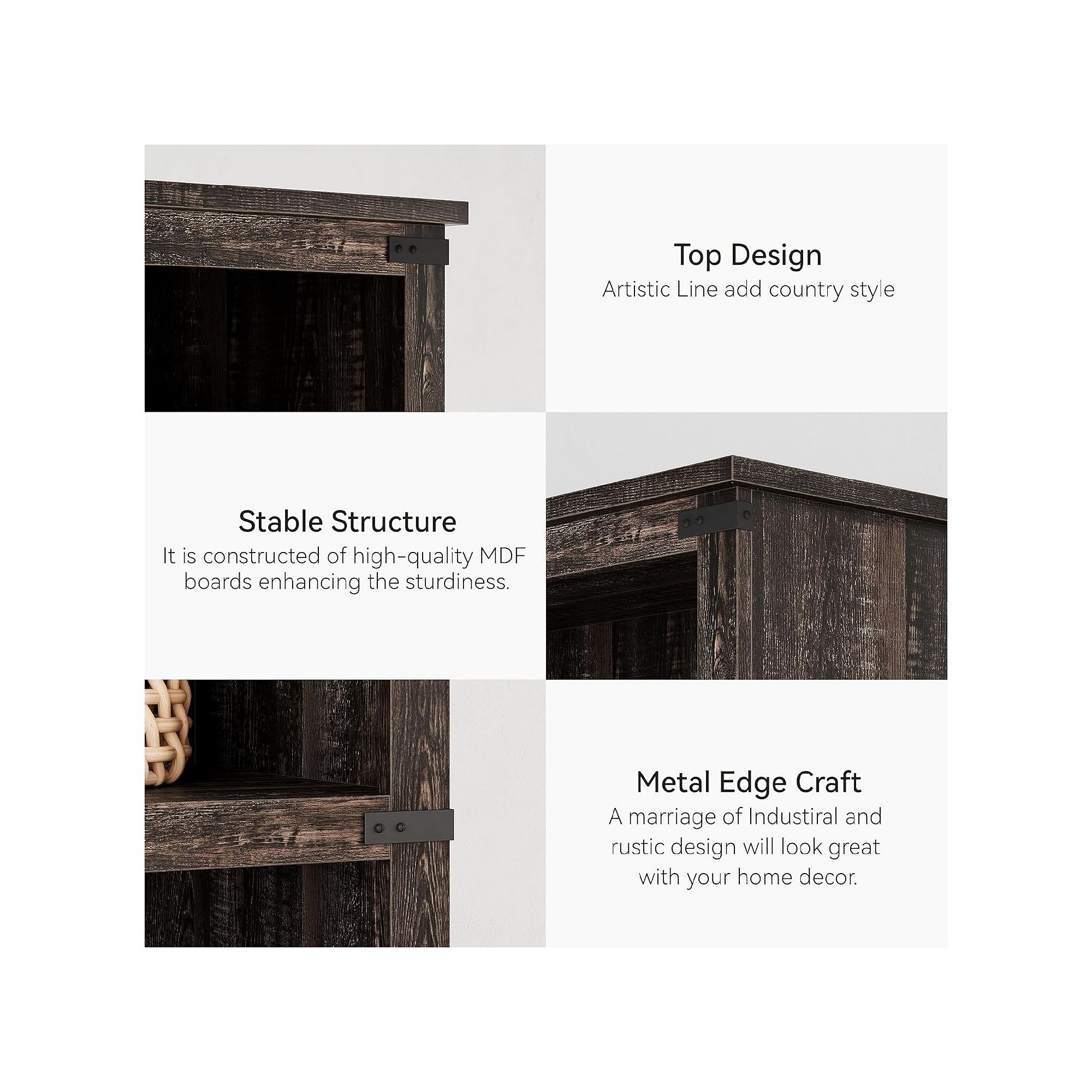 Top design, stable structure, and metal edge craft callouts for dark wood bookcase