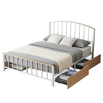 Metal Platform Bed Frame with Headboard, Footboard, and Four Storage Drawers