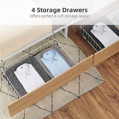 Metal Platform Bed Frame with Headboard, Footboard, and Four Storage Drawers