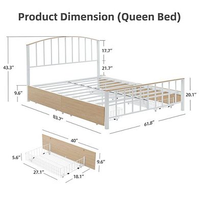 Metal Platform Bed Frame with Headboard, Footboard, and Four Storage Drawers