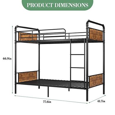 Twin Over Twin Metal Bunk Bed Frame Convertible to Two Beds No Box Spring Needed