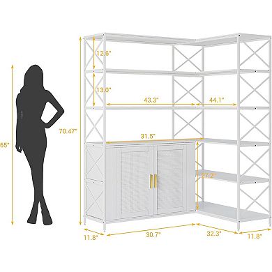 Fancihabor Corner Bookshelf 6-Tier L-Shaped Farmhouse Book Shelf with Storage
