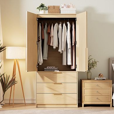 Modern Armoire with 3 Drawers & 2 Doors, Heavy Duty Wooden Wardrobe for Bedroom