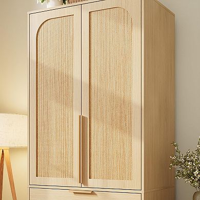 Modern Armoire with 3 Drawers & 2 Doors, Heavy Duty Wooden Wardrobe for Bedroom