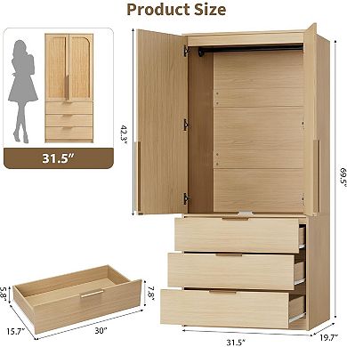 Modern Armoire with 3 Drawers & 2 Doors, Heavy Duty Wooden Wardrobe for Bedroom