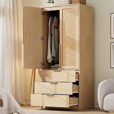 Modern Armoire with 3 Drawers & 2 Doors, Heavy Duty Wooden Wardrobe for Bedroom