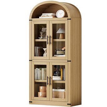 Modern Farmhouse Arched Bookshelf, 4 Glass Door Display Cabinet with Anti-Tip for Living Room