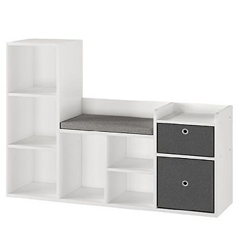 Kids Bookshelf with Reading Nook & Cushion, 6-Cubby Toy Storage & 2 Drawers