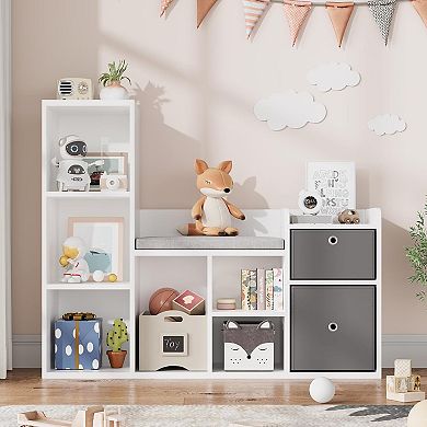 Kids Bookshelf with Reading Nook & Cushion, 6-Cubby Toy Storage & 2 Drawers