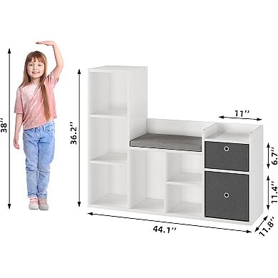 Kids Bookshelf with Reading Nook & Cushion, 6-Cubby Toy Storage & 2 Drawers