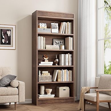 Farmhouse Bookcase with Double Fluted Design, 5-Tier Tall Rustic Bookshelf