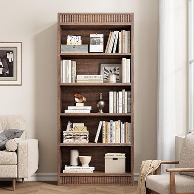 Farmhouse Bookcase with Double Fluted Design, 5-Tier Tall Rustic Bookshelf