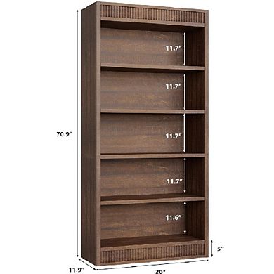 Farmhouse Bookcase with Double Fluted Design, 5-Tier Tall Rustic Bookshelf