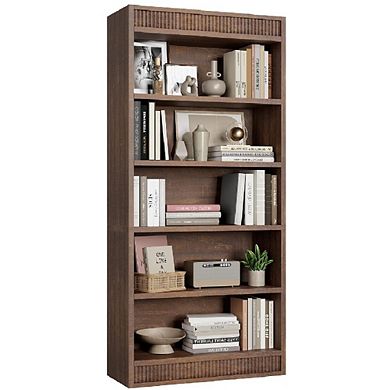 Farmhouse Bookcase with Double Fluted Design, 5-Tier Tall Rustic Bookshelf
