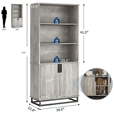 Fancihabor 5-Tier Farmhouse Bookcase with Doors Storage Cabinet Adjustable Shelves