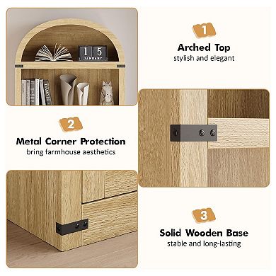 Fancihabor Arched Farmhouse Wooden Bookcase with Metal Corner Protection
