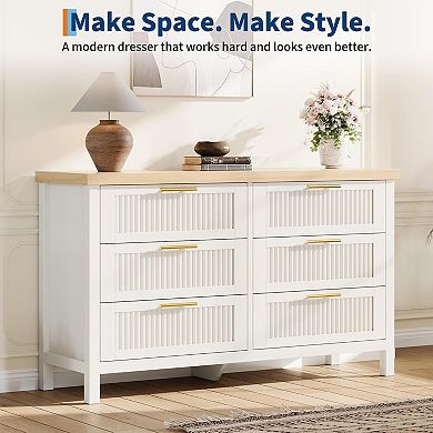 Fluted 6-Drawer Dresser, Modern Wood Chest for Living Room