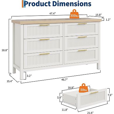Fluted 6-Drawer Dresser, Modern Wood Chest for Living Room