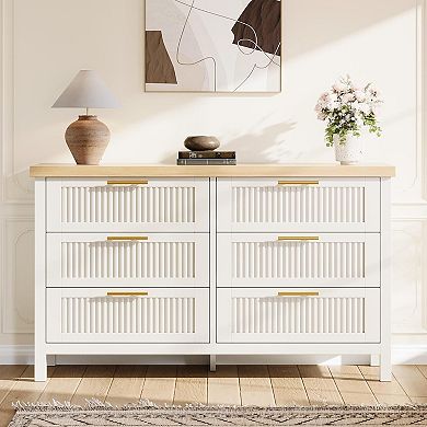 Fluted 6-Drawer Dresser, Modern Wood Chest for Living Room