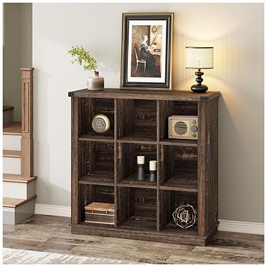 Fancihabor 9 Cube Storage Organizer Bookshelf 4 Tier Farmhouse Wood Bookcase