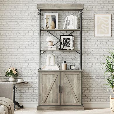 Fancihabor Tall Industrial Bookshelf with Doors Wood and Metal Freestanding Storage