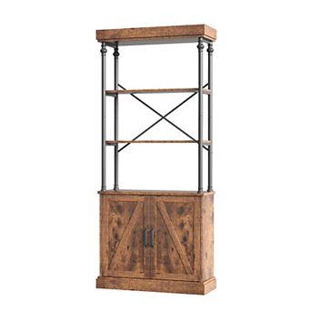 Fancihabor Tall Industrial Bookshelf with Doors Wood and Metal Freestanding Storage