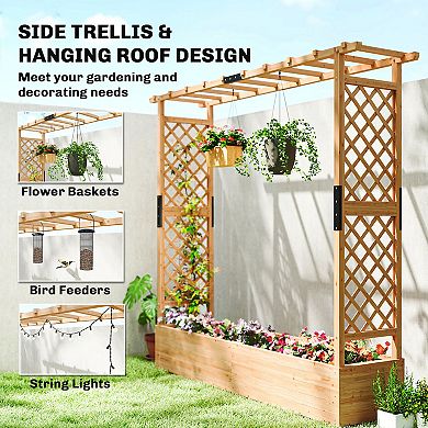 Outsunny Wooden Planter Box with Trellis, Garden Bed with Hanging Roof