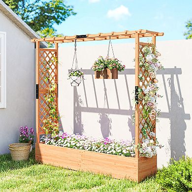 Outsunny Wooden Planter Box with Trellis, Garden Bed with Hanging Roof