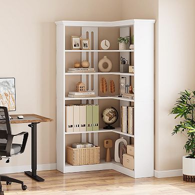 Fancihabor 72.8 Inch Tall Farmhouse L-Shaped 5-Tier Corner Bookshelf Display Rack