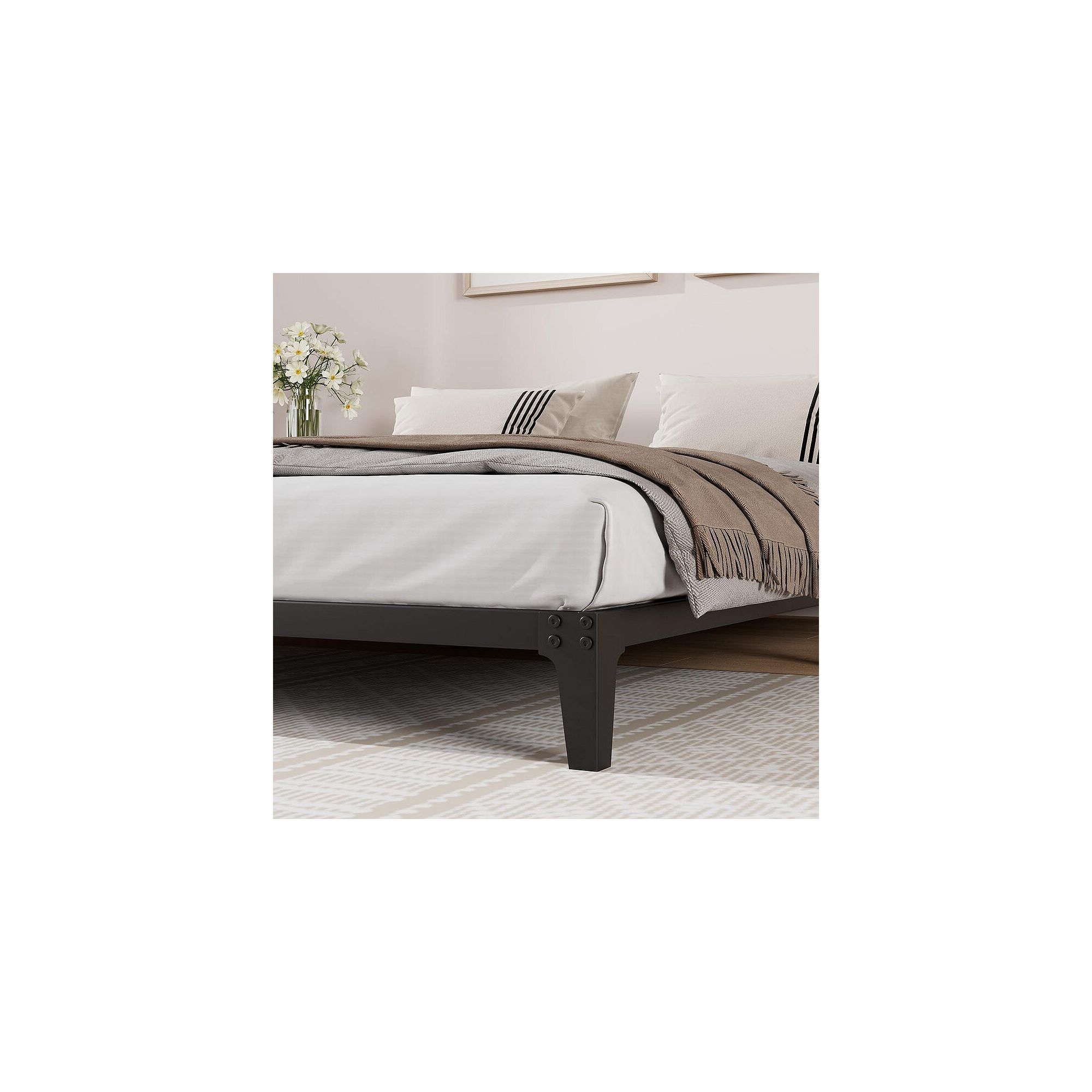 Matte black metal platform bed frame with steel slat support