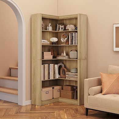 L-Shaped Corner Bookshelf, 5-Tier Farmhouse Display Shelf with Storage