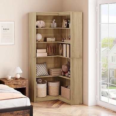 L-Shaped Corner Bookshelf, 5-Tier Farmhouse Display Shelf with Storage