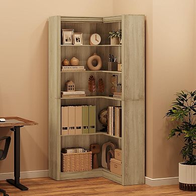 L-Shaped Corner Bookshelf, 5-Tier Farmhouse Display Shelf with Storage