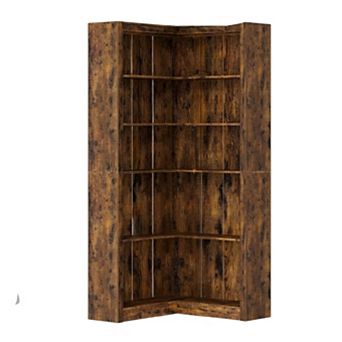 L-Shaped Corner Bookshelf, 5 tier Farmhouse Display Shelf with Storage