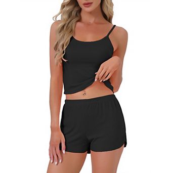 Women's Pajama Set Ribbed Knit Cami Squared Neck Tank Top with Split Shorts Sleepwear Lounge Sets