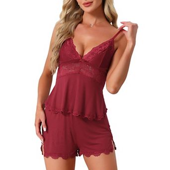 Women's Pajama Set V Neck Nightwear Cami Tops with Elastic Waist Slit Shorts Camisole Lingerie Sets